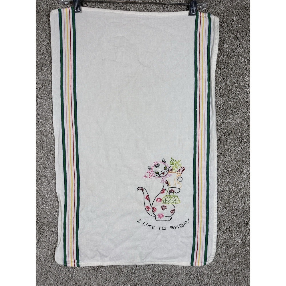 Vintage Embroidered Cat‎ Kitchen Towel "I Like to Shop" Stripe Trim